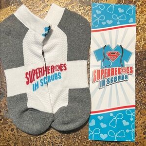 Nurse Ankle Crew Socks with Superheroes in Scrubs & Scrub Top w/Stethoscope Logo